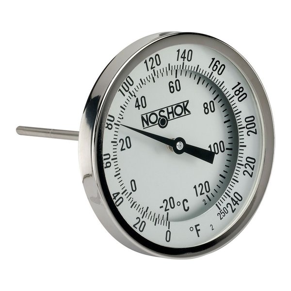 Noshok 3" Bimetal Thermometer, 1/2" NPT Back Conn, 2.5" Stem Length, 50/400 F/C, .250" Diameter 30-310-025-50/400-F/C